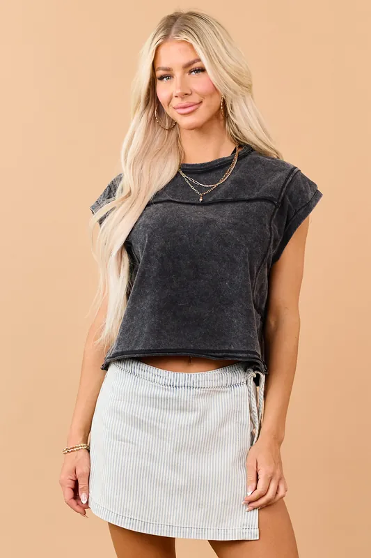 Black Mineral Wash Cotton Exposed Seam Boxy Top - Very J
