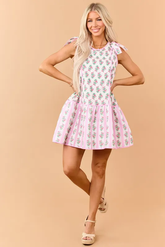 Carnation Floral Print Tie Strap Cotton Mini Dress - Peach Love
