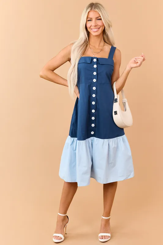 Sea Blue Button Down Colorblock Cotton Midi Dress - TCEC