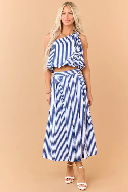 Cobalt and Off White Striped Cotton Maxi Skirt - Lalavon