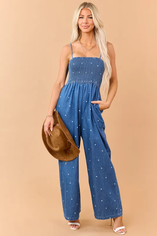 Medium Wash Chambray Heart Print Jumpsuit - Sew In Love