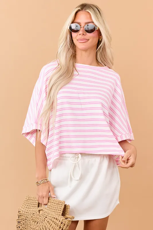 Baby Pink Striped Terry Cloth Half Sleeve Top - Charlotte Avery