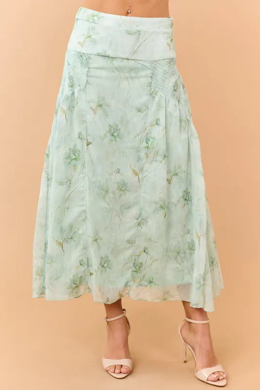 Sage Floral Print Smocked Maxi Skirt - Polagram