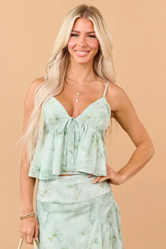 Sage Floral Print Ruffle Tie Detail Tank Top - Polagram