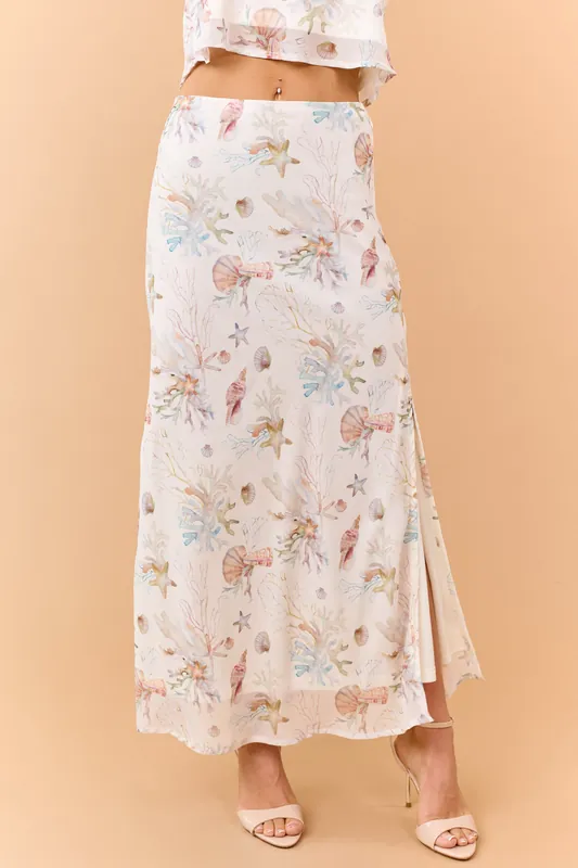 Cream Coral Reef Print Chiffon Side Slit Maxi Skirt - Polagram