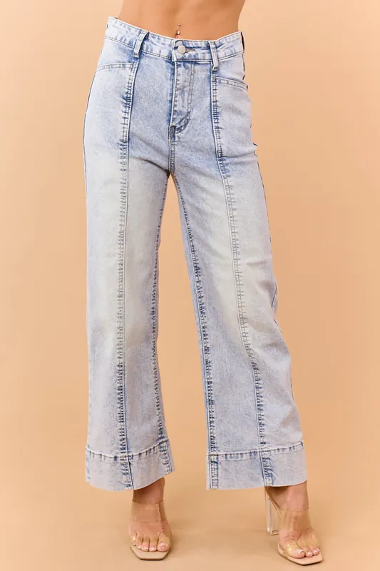 Light Wash Wide Leg Crop Stretch Jeans - BiBi