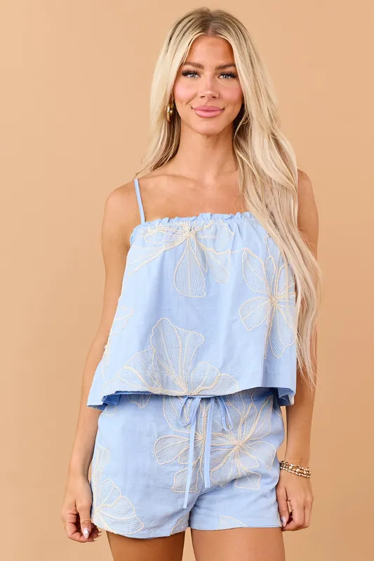 Powder Blue Cotton Floral Embroidered Tank Top - Pretty Garbage