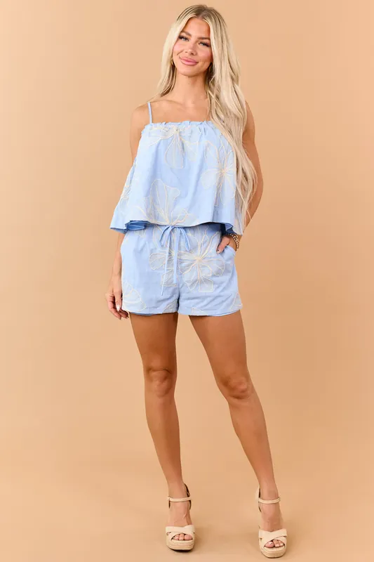 Powder Blue Cotton Floral Embroidered Shorts - Pretty Garbage