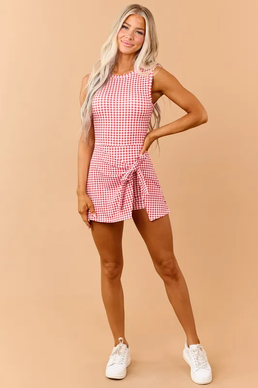 Ruby Gingham Wrap Tie Skort Romper - Kimberly