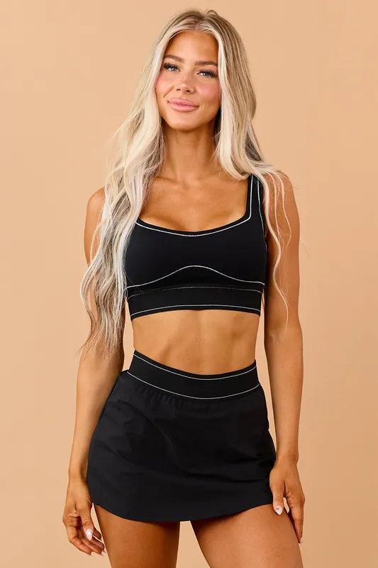 Black Elastic Contrast Stitch Sports Bra - Kimberly