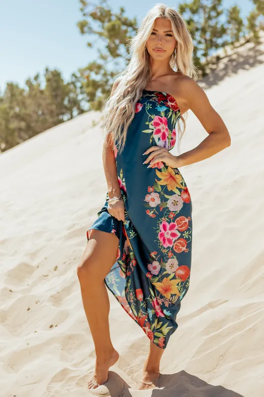 Sea Blue Satin Floral Print Strapless Maxi Dress - FATE