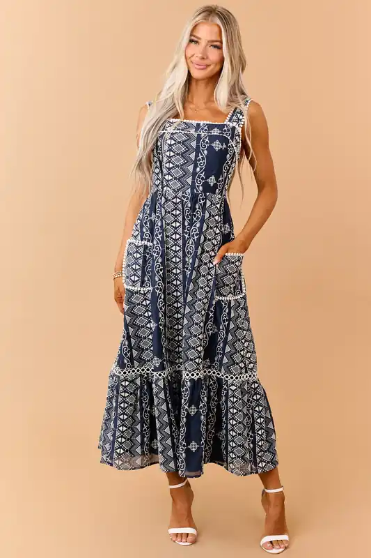 Navy Embroidered Sleeveless Lace Trim Maxi Dress - Camellia Clothing