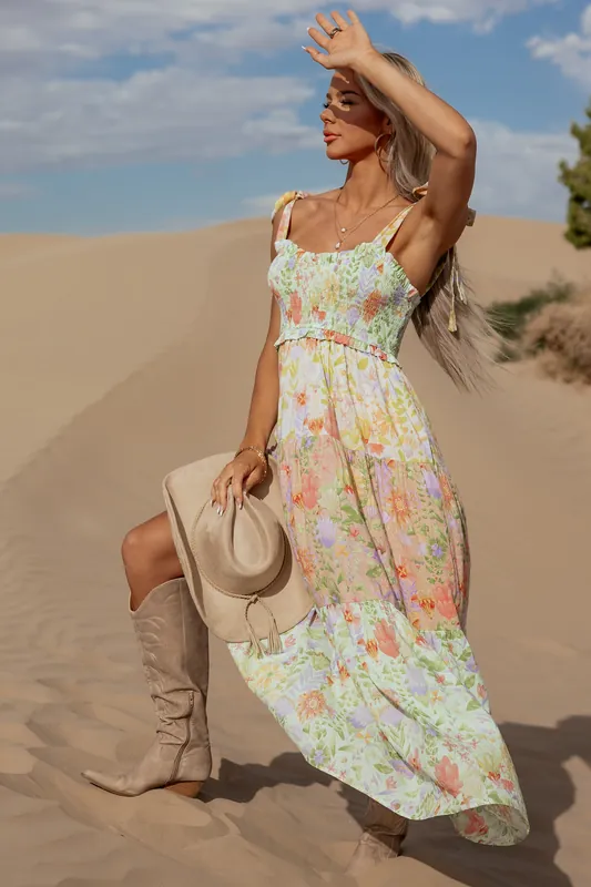 Mint Floral Print Tiered Smocked Maxi Dress - J.NNA