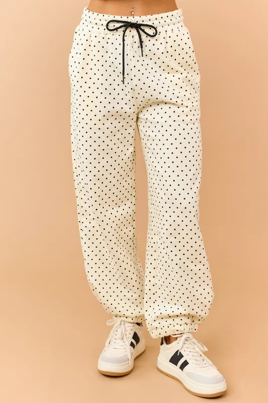 Cream and Black Polka Dot Jogger Sweatpants - Veveret