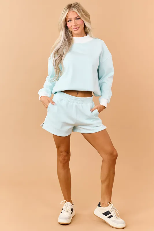 Turquoise and Ivory Striped Knit Shorts - Veveret
