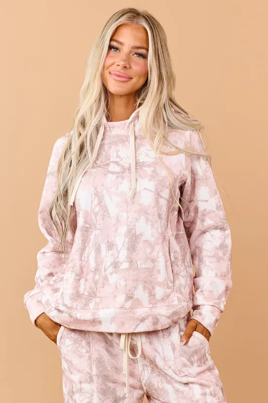 Dusty Blush Camo Print Long Sleeve Hoodie - Veveret