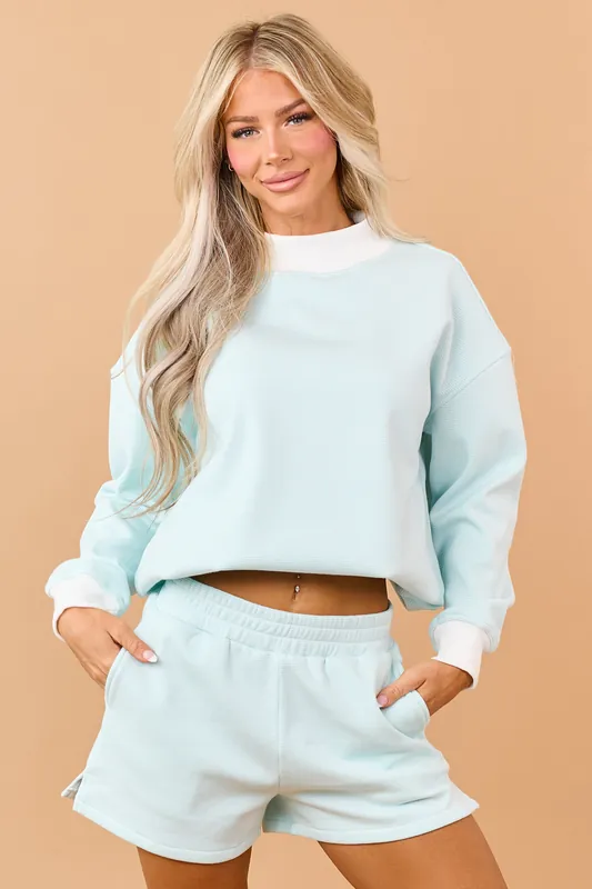 Turquoise and Ivory Striped Knit Sweatshirt - Veveret