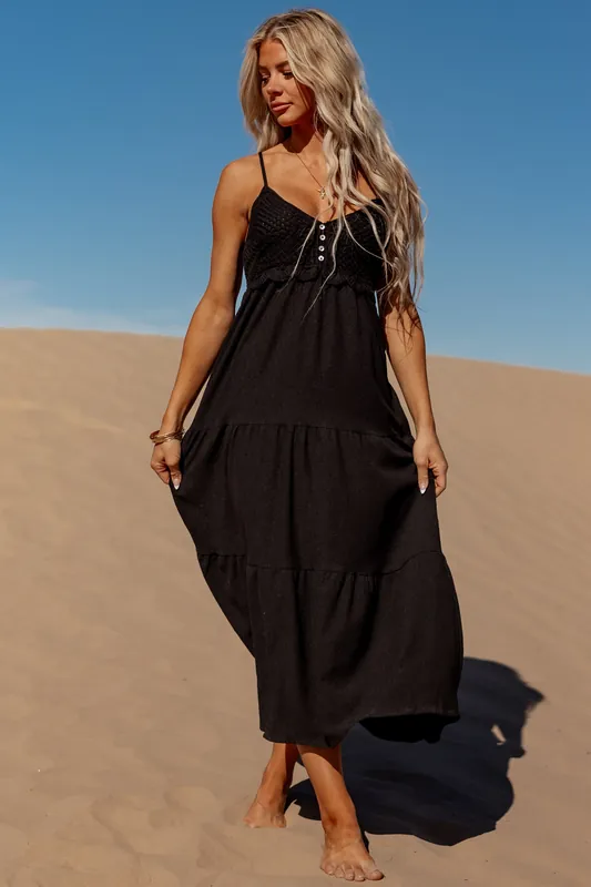 Black Crochet Bodice Tiered Maxi Dress - Shop Iris