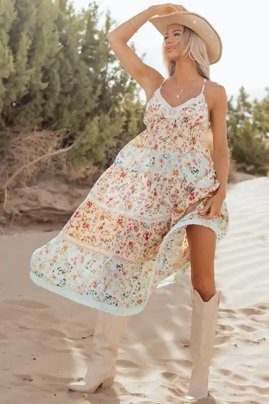Blush Colorblock Floral Tiered Lace Maxi Dress - ANGIE