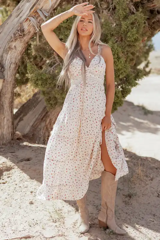 Sunrise Ditsy Floral Babydoll Double Strap Maxi Dress - ANGIE