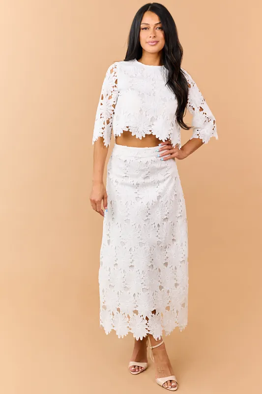 Off White Floral Lace Scalloped Hem Maxi Skirt - TCEC