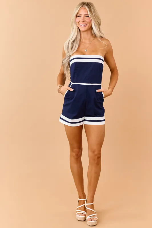 PRE-ORDER Navy Denim Contrast Trim Strapless Romper SHIP ETA 7/20