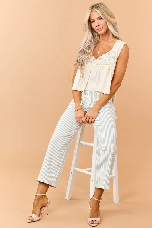 Mica Denim Sage Striped Wide Crop Stretch Jeans