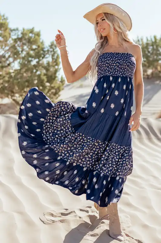 Navy Tiered Floral Print Strapless Maxi Dress - ANGIE