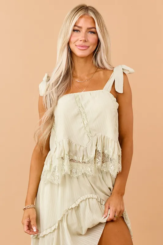 Pistachio Lace Ruffle Trim Tie Strap Tank Top - Polagram