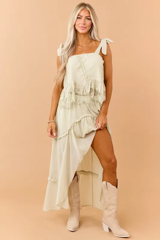 Pistachio Tiered Ruffle High Low Hem Midi Skirt - Polagram
