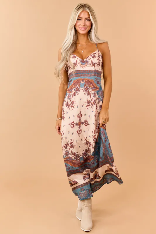Peach Vintage Floral Sleeveless Maxi Dress - ACOA