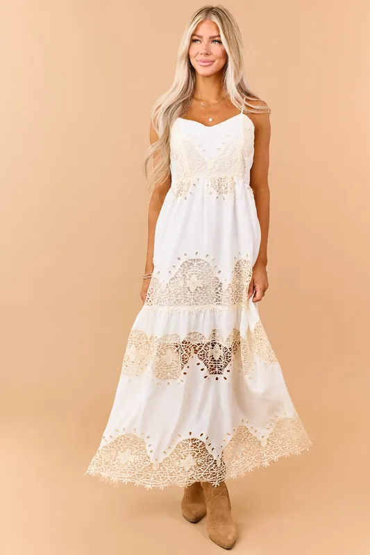 Off White Tiered Crochet Lace Sleeveless Maxi Dress - Rousseau