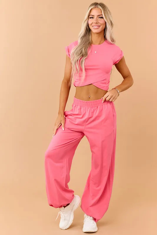 Raspberry Ruched Cotton Knit Top and Pants Set - RAE MODE