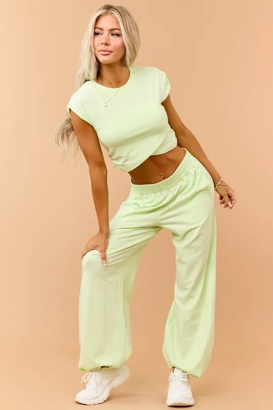 Light Kiwi Ruched Cotton Knit Top and Pants Set - RAE MODE