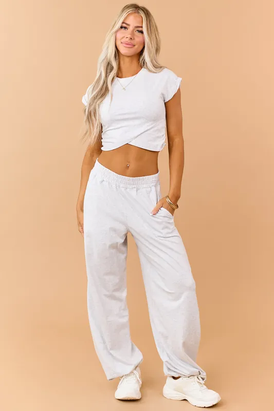 Heather Grey Ruched Cotton Knit Top and Pants Set - RAE MODE