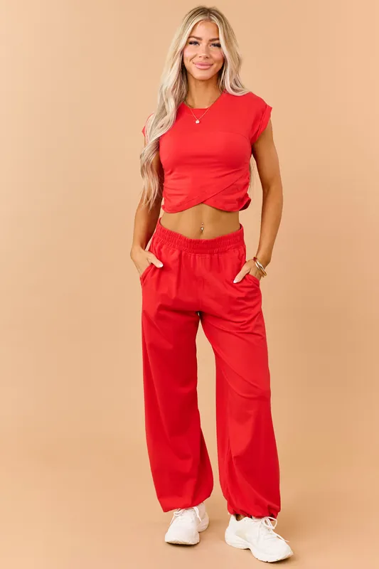 Lipstick Ruched Cotton Knit Top and Pants Set - RAE MODE
