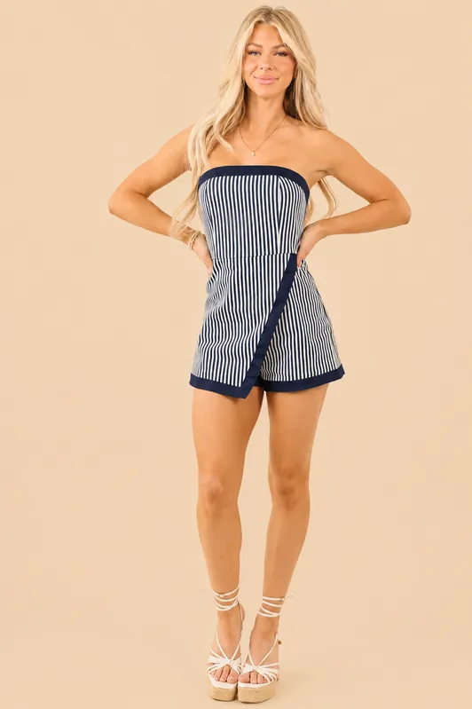 Navy Striped Denim Wrap Around Romper - Baby Pink
