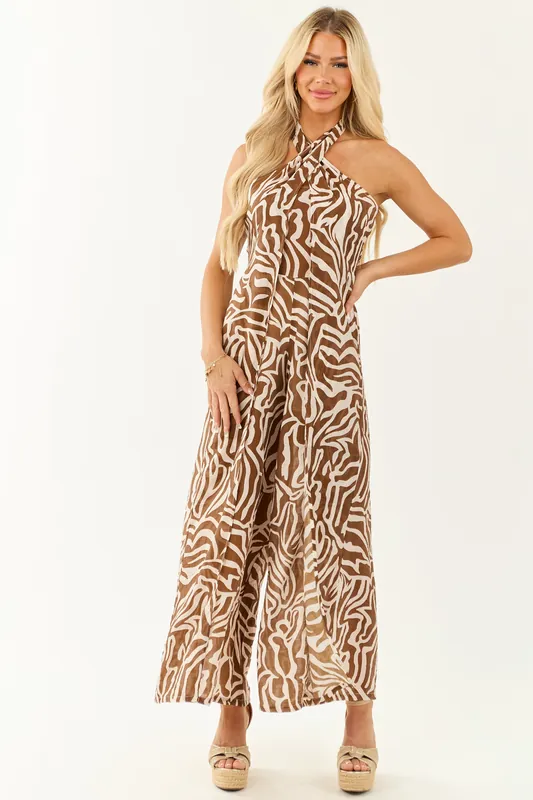 Spice Abstract Convertible Halter Wide Leg Jumpsuit - Promesa
