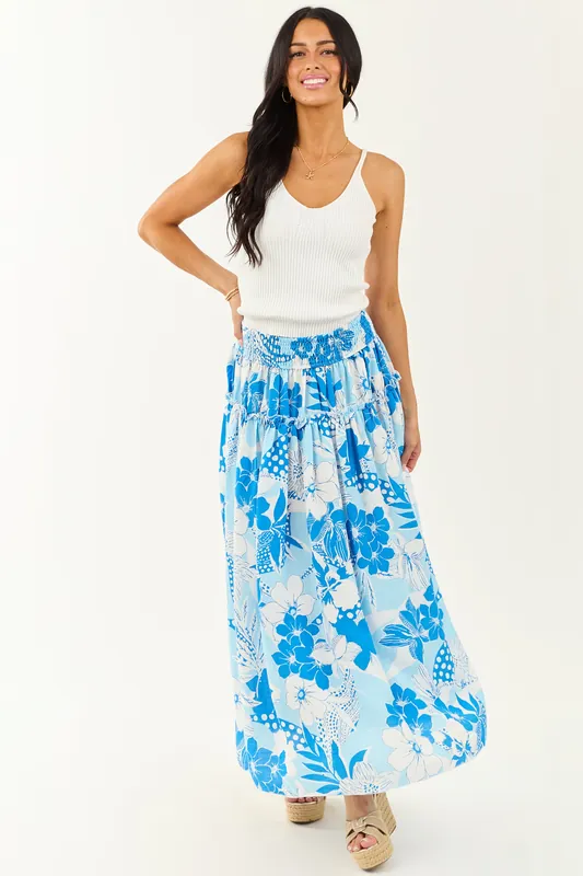 Sky Blue Vacation Print Smocked Maxi Skirt - Promesa