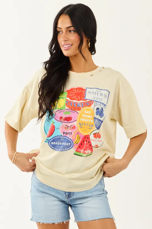 Almond Fruit Sticker Graphic Distressed Cotton Tee - Promesa