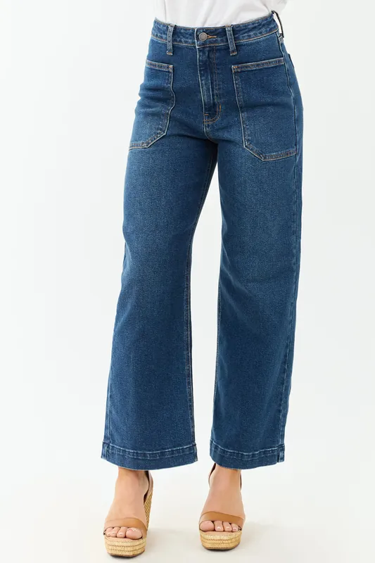 Dark Wash Stretchy Wide Leg Utility Jeans - Just Panmaco