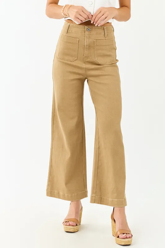 Lovelo Camel Patch Pocket High Rise Wide Leg Jeans - GeeGee