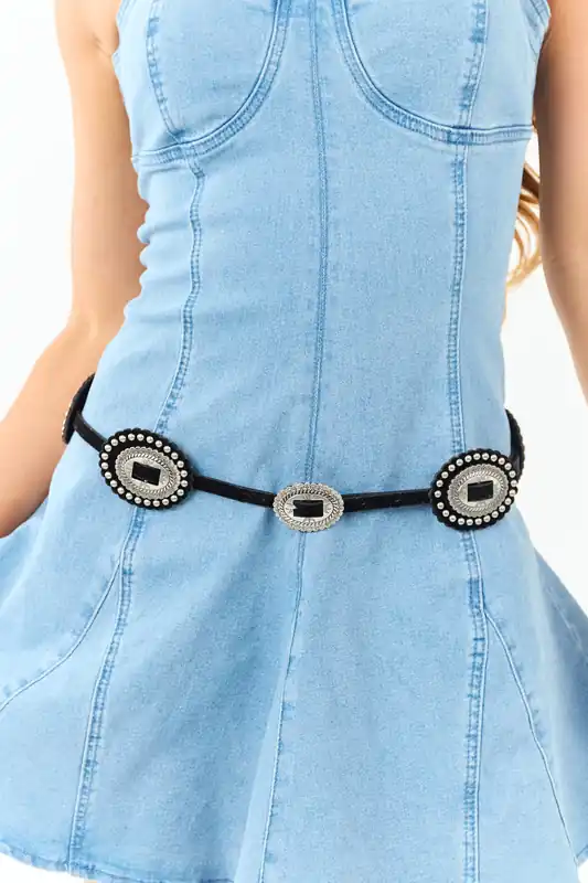 Black Faux Leather Concho Disc Belt - Fame Accessories