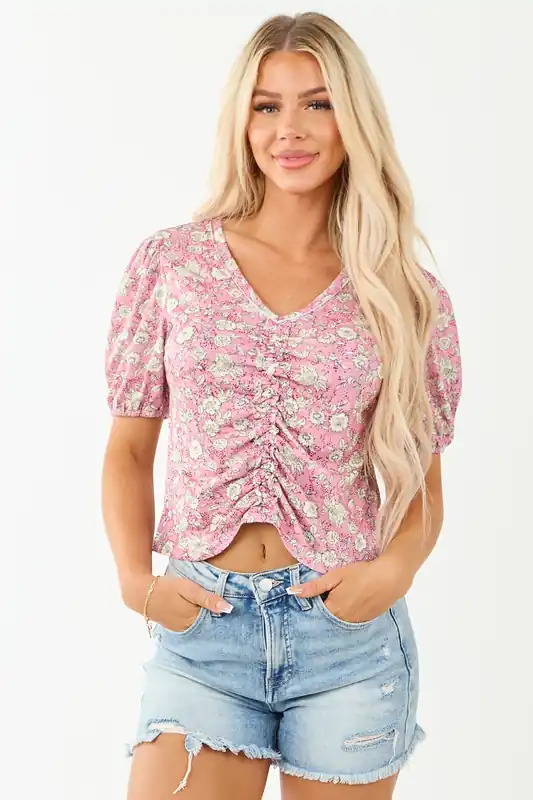 Bubblegum Floral Print Ruched Short Sleeve Top - Shiying Fashion