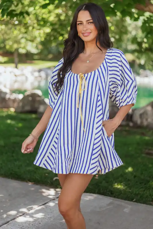 Cream and Cobalt Striped Bubble Sleeve Relaxed Romper - Klesis