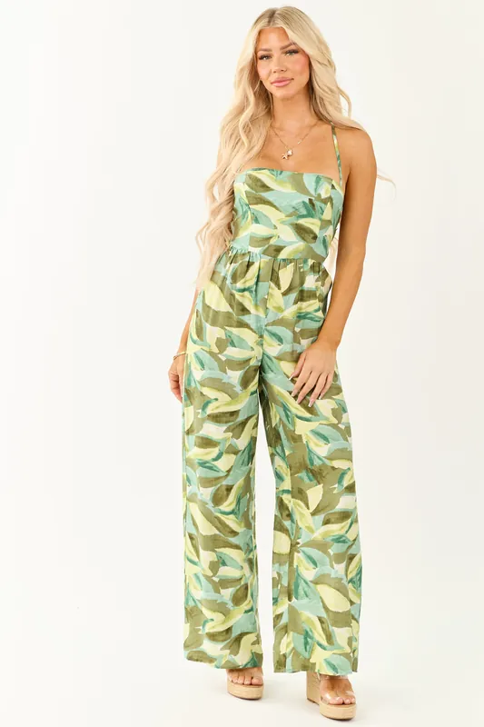 Juniper Tropical Print Wide Leg Lace Up Back Jumpsuit - Privy