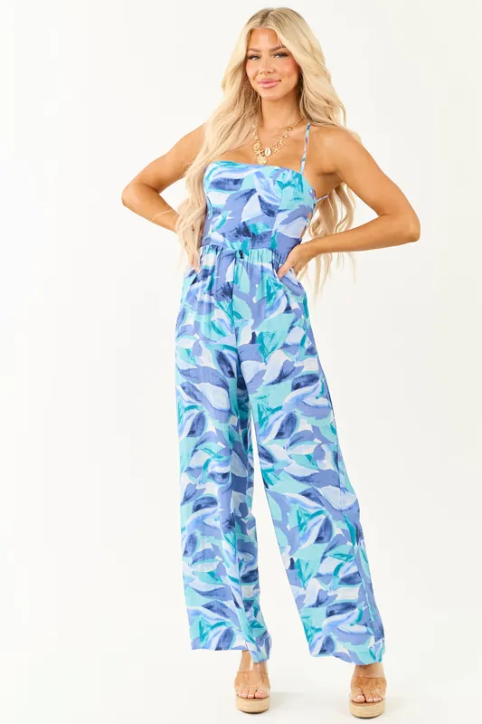 Dusty Blue Tropical Print Wide Leg Lace Up Back Jumpsuit - Privy