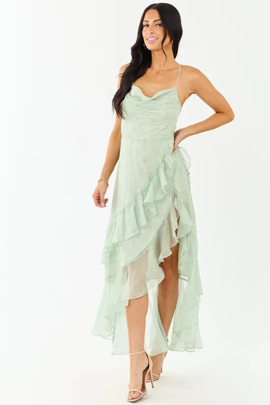 Sage Ditsy Floral Chiffon Ruffle High Slit Maxi Dress - Privy