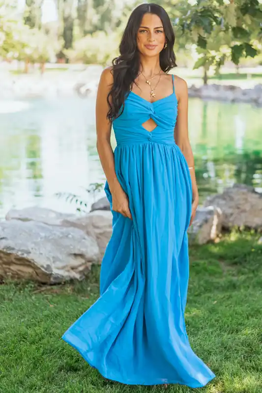Azure Flowy Chiffon Front Twist Maxi Dress - Privy