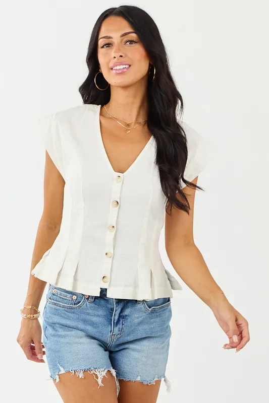 Vanilla Pleated Hem Button Up Cap Sleeve Top - Klesis